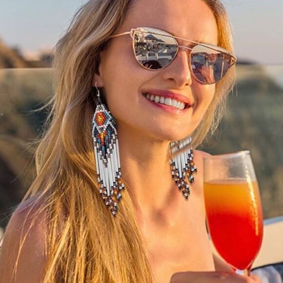 Boho Beaded Tassel Drop Earrings Statement Earrings - Picture 2 of 5